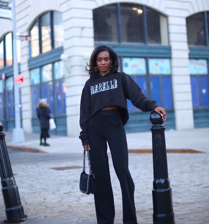 cropped hoodie and wide leg pants 